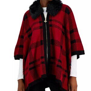 Anne Klein Red and Black Plaid Zip Front Faux Fur Collar Poncho Size L/XL